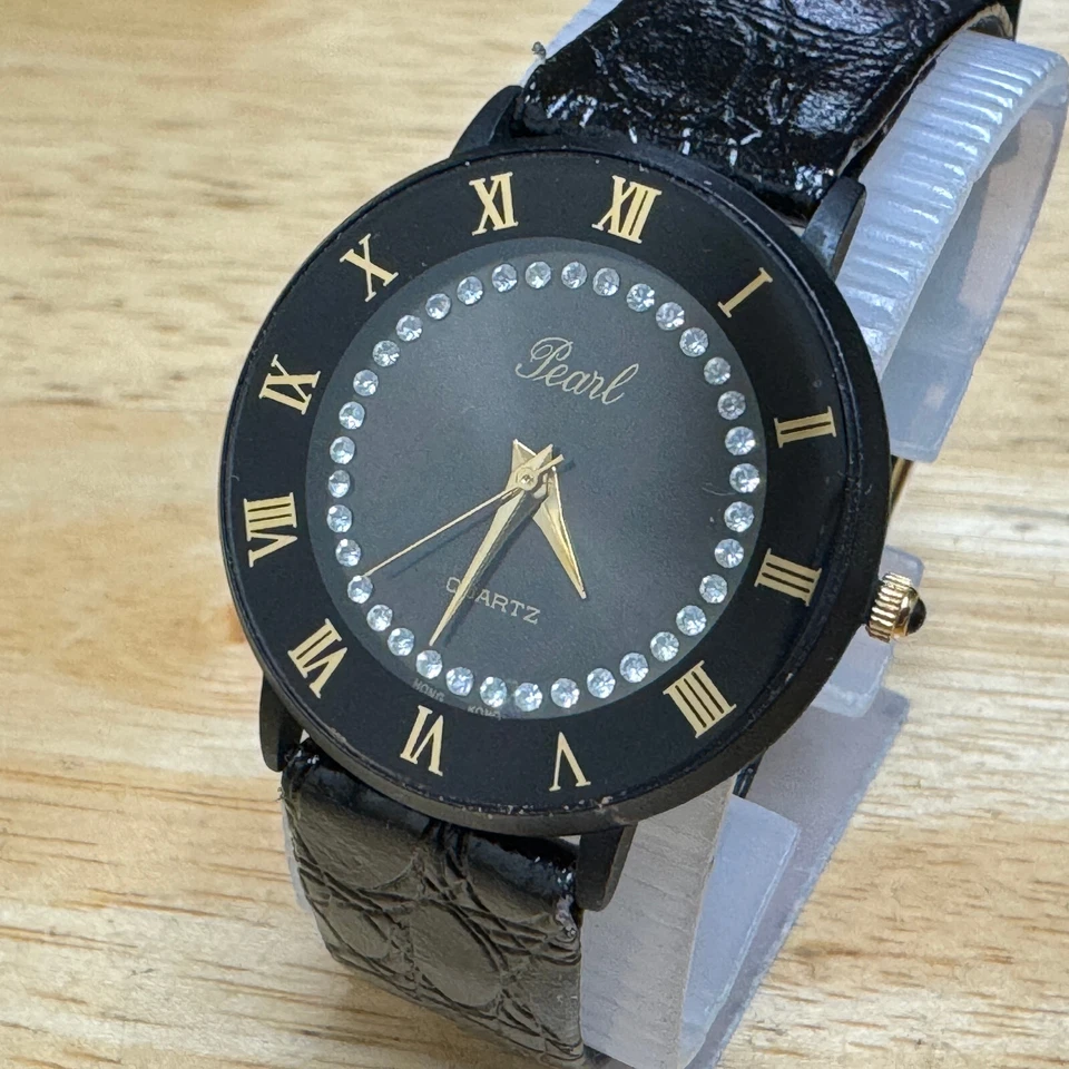 Vintage Pearl Quartz Watch Unisex Black Faux Diamonds Leather Analog New Battery - Image 1 of 4