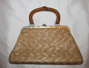 vintage 60's zig zag woven clearcoated straw metal frame pin up Tiki hand bag ** - Picture 1 of 1