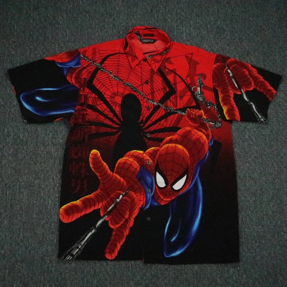 VINTAGE Changes Shirt Mens Medium Red Black Spiderman All Over AOP Short Sleeve - Image 1 of 4