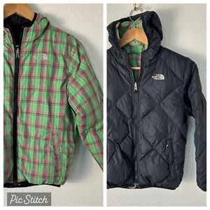 The North Face 550 Girls M 10-12 Hooded Down Puffer Jacket Reversible Plaid/pink - Picture 1 of 15