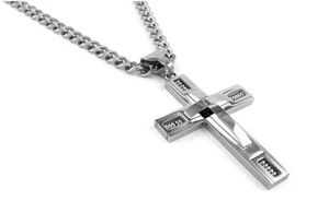 24"MEN Stainless Steel 6mm Silver Cuban Curb Necklace Simple Cross Pendant - Picture 1 of 6