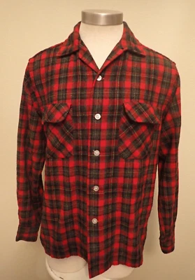 60s VTG Hunter Made in Japan Wool Red Plaid Shirt Loop Collar Flap Pockets M - Image 1 of 4