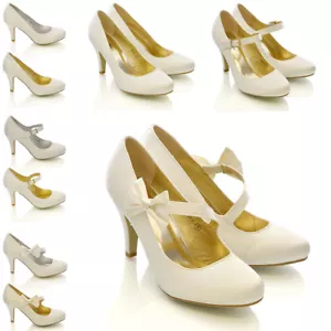 Womens Low Heel Bridal Shoes Ladies Slip On Wedding Satin Party Courts Size 3-8 - Picture 1 of 47