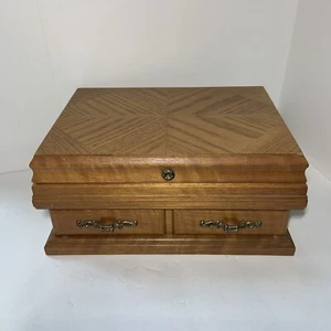 VINTAGE Wood Lift Top JEWELRY BOX Drawer TAIWAN Inlay GEOMETRIC Lid - Picture 1 of 12