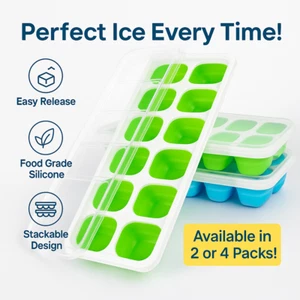 Ice Cube Trays Silicone 2 Pack & Lid Easy Release Stackable BPA Free Durable - Picture 1 of 9