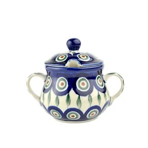 Sugar Bowl With Lid - Green, Red & White Spots - Peacock - Polish Pottery - Picture 1 of 2