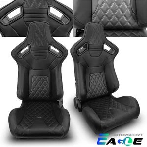 JDM Universal Black PVC Leater Black Line Racing Seats Left&Right w/Slider Pair - Picture 1 of 8