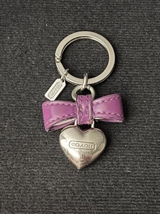 Coach Purple Iris Leather Bow with Silver Heart Charm Keyring - Picture 1 of 5