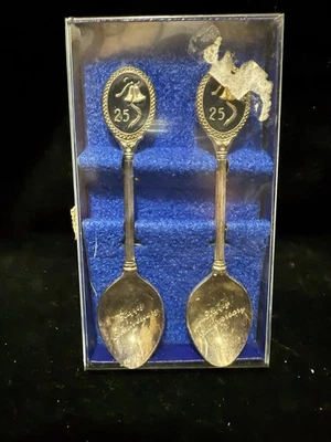 Vintage Pair Of Collectible 25th Wedding Silver Anniversary Miniature Spoon Set - Image 1 of 3