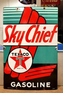 Vintage Original 1947 TEXACO SKY CHIEF BENZIN Porzellan Zapfsäule SCHILD 3-10-47 - Bild 1 von 11