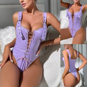 Sexy Women PU Leather Bodysuit Lingerie Deep V Neck Bunny Girl Cosplay Clubwear - Picture 1 of 16