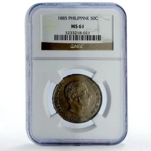 Philippines 50 centimos Regular Coinage Alfonso XII MS61 NGC silver coin 1885 - Picture 1 of 2