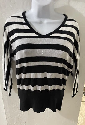 ELLEN TRACY Women's black  white striped sweater metallic threads.Size S#17 — 第 1/4 张图片