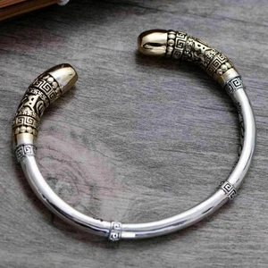 925 Sterling Silver Men Jewelry Vintage Cuff Bracelet Nordic Bangle Bracelet - Picture 1 of 12