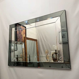 Oltons Mitered Corner Grey Smoked Two Tone Wall Mirror 104x74cm Bevelled Silver - Picture 1 of 10