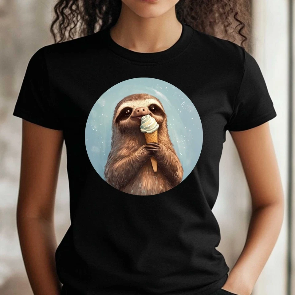 Frauen T-Shirt Faultier isst Eis Motiv Baumwolle Größe S bis 3XL - Bild 1 von 1