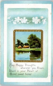 Home Sweet Home, Lake and Grass Roofed Home Scene Embossed Postcard - Picture 1 of 2