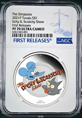 Moneda de plata The Simpsons Itchy & Scratchy Show Proof 2021 1 oz NGC PF 70 FR Foto 1 de 4