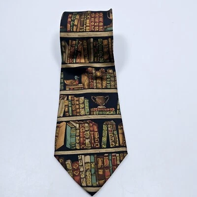 Alynn Neckwear Neck Tie Mens Ex Libris Bookplate Brown Silk Library Books USA - Image 1 of 4