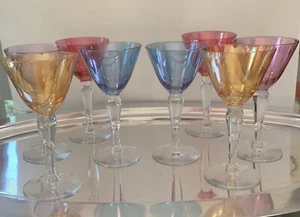 8 Vintage Cordial Glasses Iridescent Multi Colored Stemmed Mid Century Modern - Picture 1 of 14
