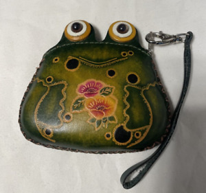Smiling Green Frog Leather Flower Chest Zip Close Change Purse w/Strap Vtg