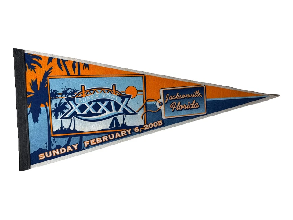 Banderín Super Bowl XXXIX NFL tamaño completo Jacksonville FL 2005 Patriots vs Eagles Foto 1 de 4