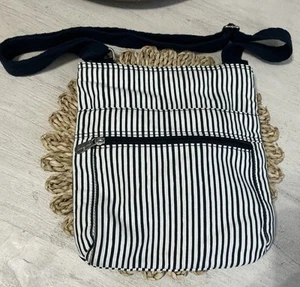 ThirtyOne Purse Bag Navy Blue White Striped Crossbody Shoulder Zipper Top Travel - Picture 1 of 9