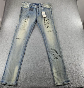 mnml X182 Stretch Denim Jeans Mens 36 Blue Los Angeles Graphic Distressed Slim - Picture 1 of 17