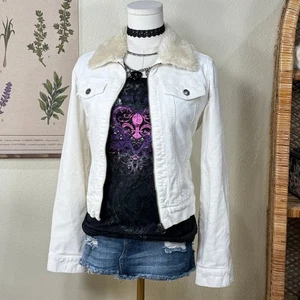Vintage 90s Y2k White Corduroy Full Zip Trucker Jacket Trashy Gyaru Bratz XS S - Picture 1 of 11