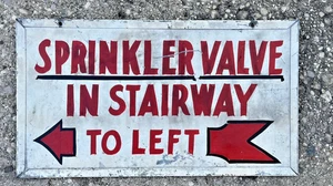 Industrial Antique Sign Sprinkler Valve Metal 1930s Arrow Firefighters Folk Art - Picture 1 of 23