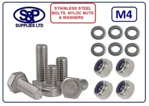 M4 / 4mm STAINLESS FULLY THREAD HEX BOLT / SETSCREWS WITH NYLOC NUT & WASHER - Picture 1 of 2