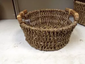 Round Woven Seagrass Storage Organize Toy Basket Wood Handles 13.75x6 MEDIUM - Picture 1 of 2