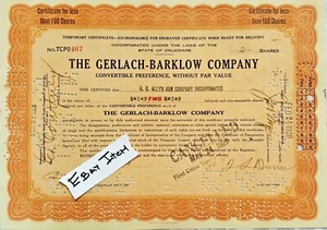 1929 issued STOCK CERTIFICATE Delaware Gerlach Bartlett Company Joliet Illinois - Picture 1 of 3