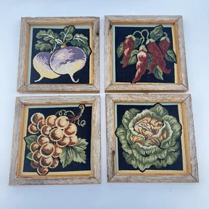 4 Vintage Framed Needlepoint Fruits Vegetables Garden Cottage Core 8” Square - Picture 1 of 10