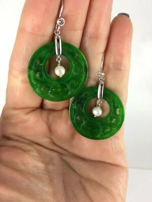 Brincos de prata medalhão de gota de jadeíta, pérola e topázio branco esculpidos genuínos - Imagem 1 de 4