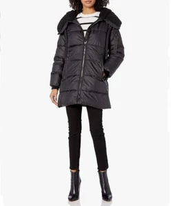 Steve Madden Women's Puffer Black Hooded Fleece Coat Zip Up Closure Jacket Sz 3X - Picture 1 of 9