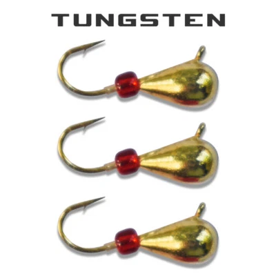 KENDERS OUTDOORS 3 Pack - Tungsten Ice Fishing Jigs - GOLD WITH RED BEAD (6 Size Variations)