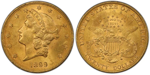 1899 AV $20, Double Eagle. PCGS MS64 Philadelphia. Coronet head KM 74.3 Cover