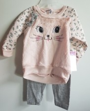 NANNETTE Infant Girls 2pc Sweatshirt & Leggings Cat Face Pink Gray  12mo #BKCR8