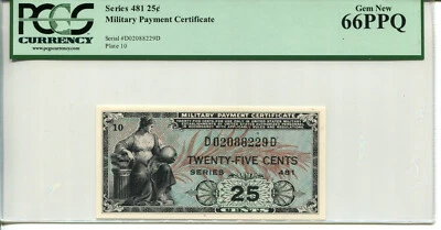Series 481 - 25 Cents Military Payment Certificate 66 PPQ GEM NEW - Image 1 of 2