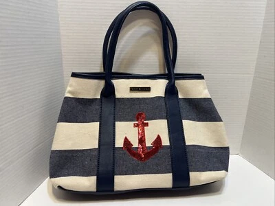 VTG TOMMY HILFIGER STRIPED TOTE BAG w/ SEQUIN ANCHOR Cute Summer Beach Style - Image 1 of 4