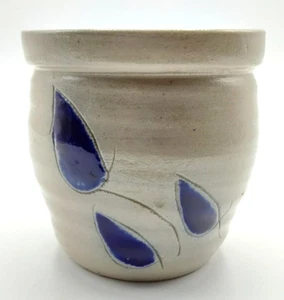 Vintage Small Pottery Salt Crock Cobalt Blue Painted Leaves Incised Design - Picture 1 of 10