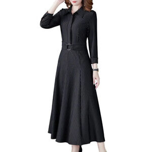 Lady Striped Maxi Shirts Dress 3/4 Sleeve Zip Pockets Elegant Formal Work Dress