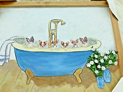 chihuahua's in a bathtub bathroom print hand crafted 3D  mixed media - Image 1 of 3