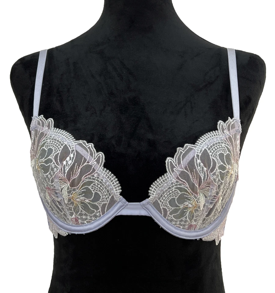Victoria’s Secret 32B Luxe Demi Sujetador Lila Transparente Floral Encaje Lencería Sin Forro Usado en Excelente Condición Foto 1 de 4