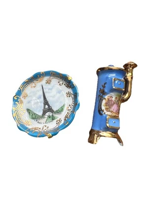 Plato y estufa vintage de porcelana Limoges Francia miniaturas Eiffel Foto 1 de 4