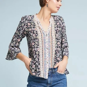 Anthropologie Kachel Kaia bedrucktes Seidentop XS Bohemian Paisley Blumen Bluse - Bild 1 von 6