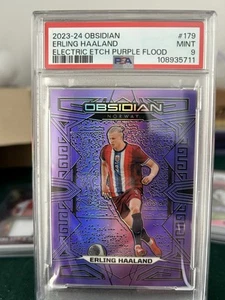 2023-24 Panini Obsidian Erling Haaland #179 Electric Etch Purple Flood /25 PSA 9 - Foto 1 di 4