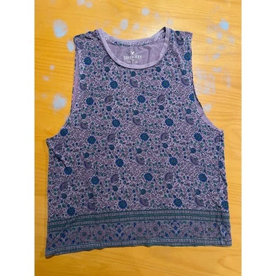 Regata cropped macia e sexy águia americana estampa floral sem mangas roxa esfumaçada P - Imagem 1 de 4