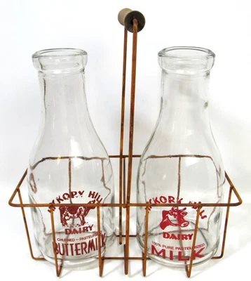 Farmhouse Style Wire Basket w Wood Handle & 2 Vintage-Style Milk Bottles - Image 1 of 4